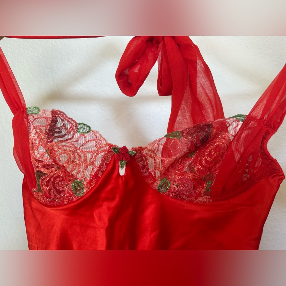 🌹For Love and Lemons Gene Slip Dress Red Floral Roses Tie Neck Holiday 2024 - XS - Picture 8 of 16